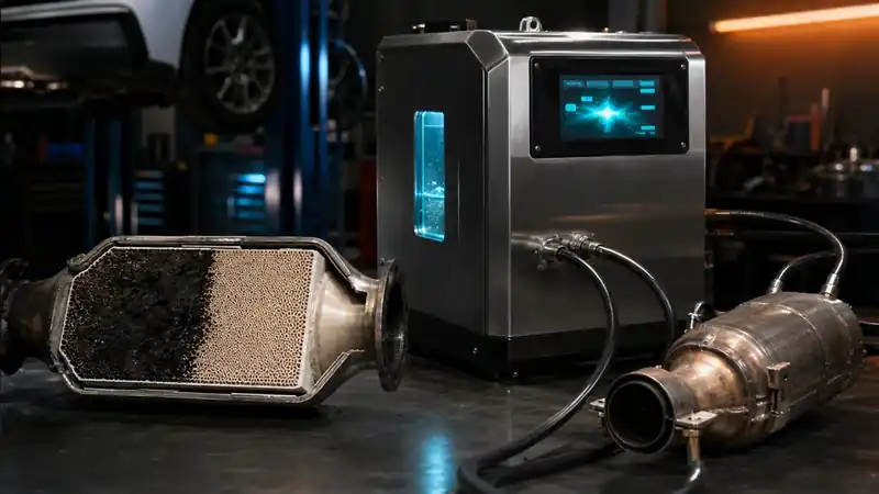 Catalytic converter cleaning machine with a cut-away converter core