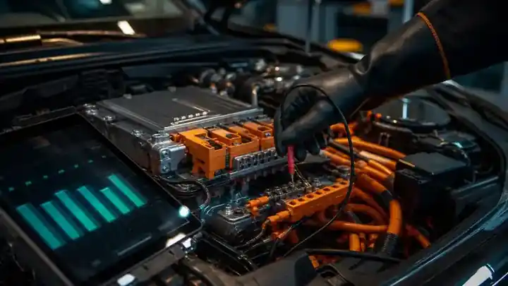 Technician in high-voltage gloves testing a hybrid inverter