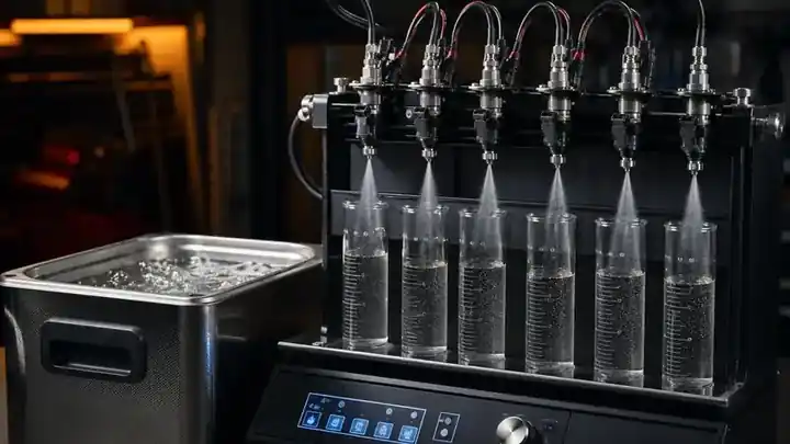 Ultrasonic fuel injector cleaning and flow test machine