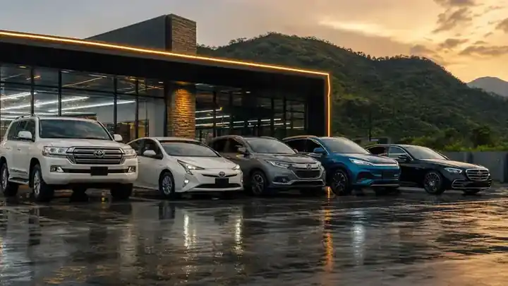Land Cruiser, Prius, Vezel, BYD and Mercedes outside the workshop