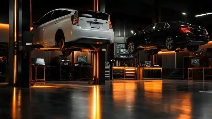 Workshop floor with cars on hydraulic lifts
